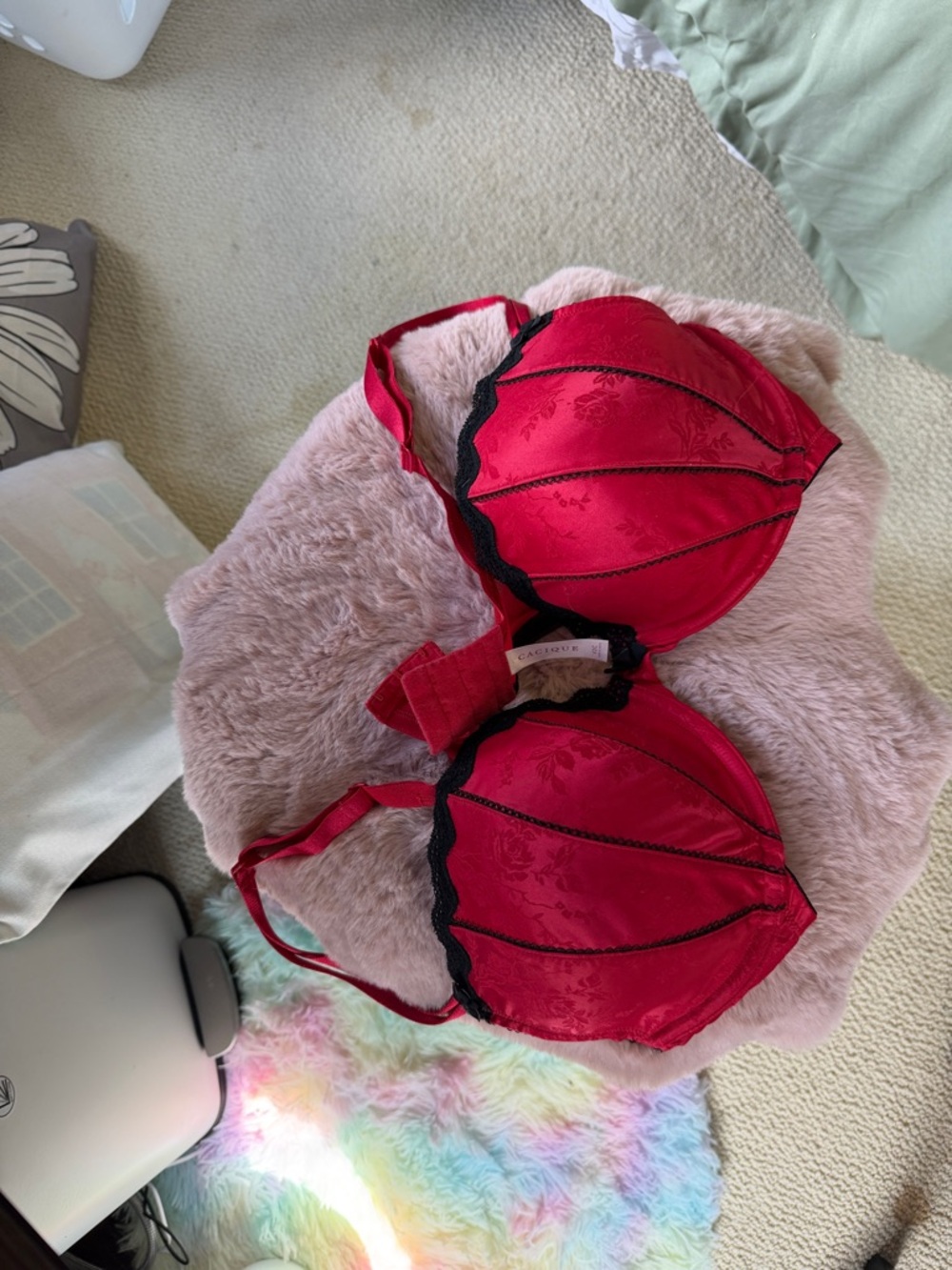 Cacique Red Satin Lace-Trim Underwire Bra with Black Contrast